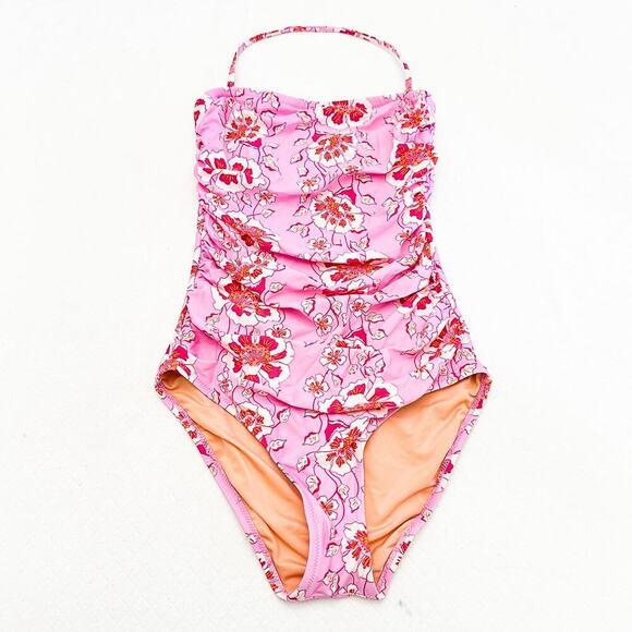J. Crew Gemma Rouched Bandeau One Piece Bathing Swimsuit Pink Red Size 2 - Picture 1 of 7